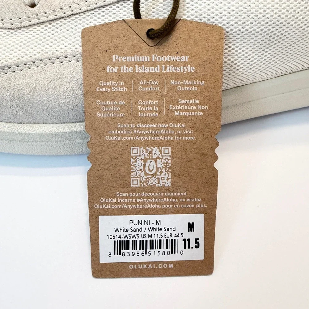 OluKai Punini Mens 11.5 White Sand Mesh Suede Sneakers NEW Drop In Heel Casual